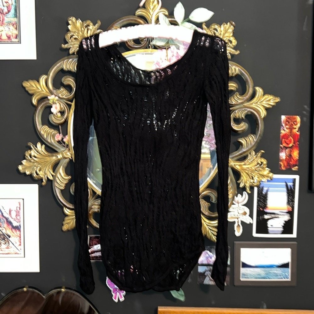 Goth knit/mesh layered asymmetrical top